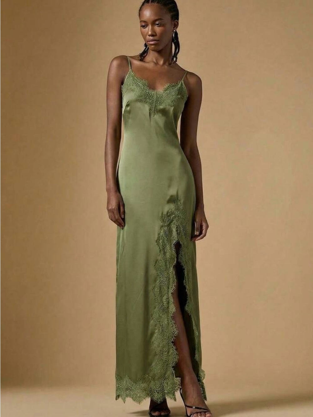 Olive Green Lace-Trim Satin Slip Dress - Women